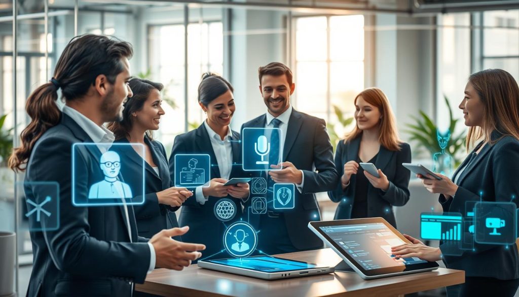 A visually striking representation of "Types of Human-AI Interactions" set in a modern, well-lit office environment. In the foreground, a diverse group of professionals in business attire, engaged in collaborative discussions, surrounded by glowing holographic interfaces displaying various AI interaction types like voice recognition, chatbots, and intelligent assistants. The midground features sleek technology, such as tablets and smart devices displaying dynamic data visualizations. The background reveals a contemporary workspace with glass walls, subtle green plants, and soft natural light streaming in, creating a welcoming and innovative atmosphere. Use a slightly elevated angle to capture the entire interaction scene, emphasizing collaboration, creativity, and the seamless blend of humans and AI. Aim for a professional, optimistic mood with bright yet soft lighting that enhances the sense of connection and possibility. A visually striking representation of "Types of Human-AI Interactions" set in a modern, well-lit office environment. In the foreground, a diverse group of professionals in business attire, engaged in collaborative discussions, surrounded by glowing holographic interfaces displaying various AI interaction types like voice recognition, chatbots, and intelligent assistants. The midground features sleek technology, such as tablets and smart devices displaying dynamic data visualizations. The background reveals a contemporary workspace with glass walls, subtle green plants, and soft natural light streaming in, creating a welcoming and innovative atmosphere. Use a slightly elevated angle to capture the entire interaction scene, emphasizing collaboration, creativity, and the seamless blend of humans and AI. Aim for a professional, optimistic mood with bright yet soft lighting that enhances the sense of connection and possibility.