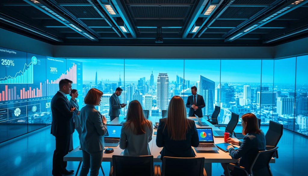 A visually striking representation of the "Economic Benefits of AI" in a modern office setting. In the foreground, a diverse group of professionals, dressed in business attire, interact with futuristic digital screens displaying graphs and statistics illustrating economic growth. In the middle ground, a large conference table is adorned with tablets and laptops, showcasing charts and AI-powered tools enhancing productivity. The background features a panoramic view of a bustling city skyline symbolizing innovation and progress. The lighting is bright and dynamic, casting soft shadows, creating an inspirational atmosphere. The composition is framed with a slight angle to give depth, focusing on the professionals, highlighting collaboration and the transformative impact of AI on the economy. A visually striking representation of the "Economic Benefits of AI" in a modern office setting. In the foreground, a diverse group of professionals, dressed in business attire, interact with futuristic digital screens displaying graphs and statistics illustrating economic growth. In the middle ground, a large conference table is adorned with tablets and laptops, showcasing charts and AI-powered tools enhancing productivity. The background features a panoramic view of a bustling city skyline symbolizing innovation and progress. The lighting is bright and dynamic, casting soft shadows, creating an inspirational atmosphere. The composition is framed with a slight angle to give depth, focusing on the professionals, highlighting collaboration and the transformative impact of AI on the economy.