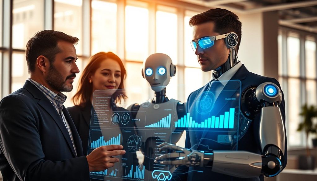 A visually striking scene illustrating "Human-AI Collaboration Oversight." In the foreground, a diverse group of three professionals in business attire—two men and one woman—are gathered around a futuristic, holographic interface displaying complex predictive data charts and graphs. Their expressions convey focus and curiosity. In the middle ground, a sleek artificial intelligence robot stands beside them, projecting a soft blue light while analyzing the data with glowing digital eyes that reflect the graphs. The background features a modern office setting with large windows, letting in natural daylight that creates a warm atmosphere. The overall mood is one of collaboration and innovation, emphasizing the synergy between human oversight and AI in making future predictions. The image should be shot from a slightly elevated angle, capturing all elements harmoniously. A visually striking scene illustrating "Human-AI Collaboration Oversight." In the foreground, a diverse group of three professionals in business attire—two men and one woman—are gathered around a futuristic, holographic interface displaying complex predictive data charts and graphs. Their expressions convey focus and curiosity. In the middle ground, a sleek artificial intelligence robot stands beside them, projecting a soft blue light while analyzing the data with glowing digital eyes that reflect the graphs. The background features a modern office setting with large windows, letting in natural daylight that creates a warm atmosphere. The overall mood is one of collaboration and innovation, emphasizing the synergy between human oversight and AI in making future predictions. The image should be shot from a slightly elevated angle, capturing all elements harmoniously.