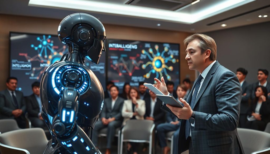 In a modern, sleek conference room, a heated debate unfolds between a humanoid AI and a human expert. In the foreground, the AI is depicted as a visually striking robotic figure, with glowing circuitry, embodying advanced technology. The human, dressed in professional business attire, gestures passionately while holding a digital tablet. In the middle ground, an audience of captivated professionals watches intently, with expressions of curiosity and skepticism. The background features a large screen displaying abstract data and neural network visuals, highlighting the themes of intelligence. The lighting is dynamic, with spotlights focusing on the debaters, creating a contrast between the cool, clinical feel of the AI and the warm, human emotions of the speaker. The atmosphere is charged with tension and intrigue, embodying the essence of a pivotal moment in the discussion on AI and human intelligence. In a modern, sleek conference room, a heated debate unfolds between a humanoid AI and a human expert. In the foreground, the AI is depicted as a visually striking robotic figure, with glowing circuitry, embodying advanced technology. The human, dressed in professional business attire, gestures passionately while holding a digital tablet. In the middle ground, an audience of captivated professionals watches intently, with expressions of curiosity and skepticism. The background features a large screen displaying abstract data and neural network visuals, highlighting the themes of intelligence. The lighting is dynamic, with spotlights focusing on the debaters, creating a contrast between the cool, clinical feel of the AI and the warm, human emotions of the speaker. The atmosphere is charged with tension and intrigue, embodying the essence of a pivotal moment in the discussion on AI and human intelligence.