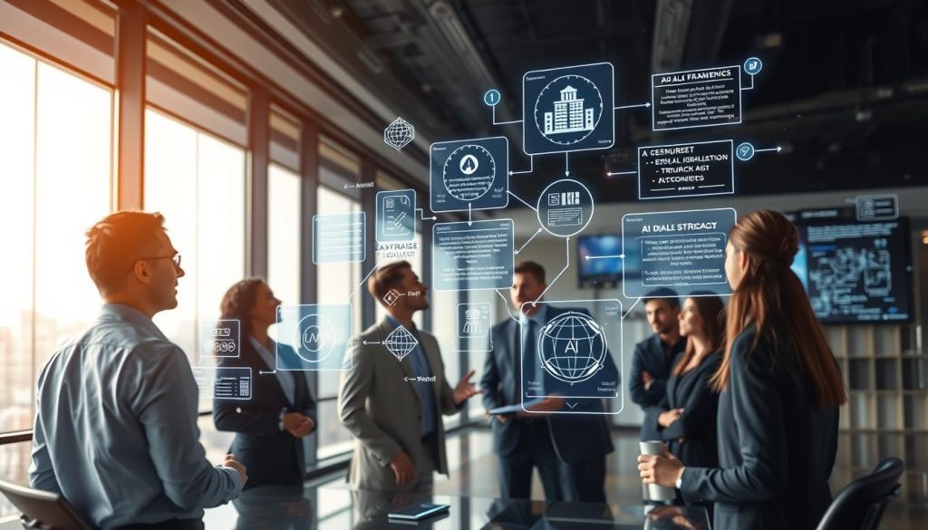 A conceptual image portraying AI value alignment strategies within a futuristic, corporate environment. In the foreground, a diverse group of professionals, dressed in business attire, are engaged in a dynamic discussion, surrounded by holographic displays illustrating interconnected data streams, algorithms, and ethical frameworks. The middle ground features sleek, modern technology, such as digital whiteboards and interactive screens, symbolizing the integration of AI into human decision-making. In the background, a large window reveals a cityscape, bathed in soft, natural light, suggesting a bright future ahead. The mood is collaborative and optimistic, emphasizing the importance of human-AI partnership in addressing concerns about AI autonomy. The perspective is slightly angled to create depth, enhancing the sense of engagement and innovation.