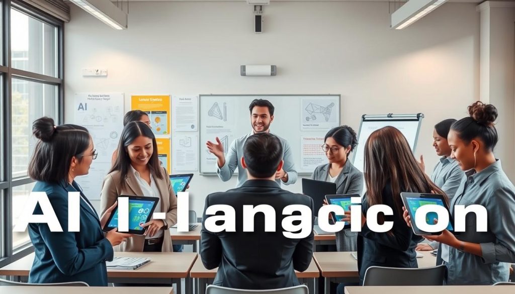 A contemporary classroom setting illustrating "AI literacy in education." In the foreground, a diverse group of students, dressed in professional business attire, engage with tablets displaying interactive AI learning tools. In the middle ground, a teacher, gesturing enthusiastically, is surrounded by wall posters that highlight AI concepts like algorithms and machine learning. The background features large windows letting in natural light that creates a warm, inviting atmosphere. Bright, colorful educational materials and a digital whiteboard are visible, enhancing the tech-savvy environment. Use a wide-angle lens to capture the dynamics of the classroom, with soft lighting that emphasizes the collaborative spirit and excitement of learning about AI. The overall mood is optimistic and innovative, reflecting the potential of education to shape the future of AIalignment.