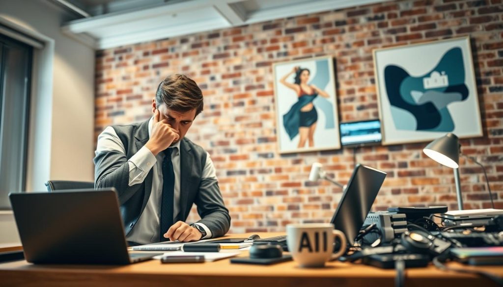 A digital workspace scene illustrating the limitations of virtual assistants in a consumer context. In the foreground, a frustrated business professional in smart casual attire interacts with a smart device that displays an error message. The middle ground features a cluttered desk with multiple technological gadgets, including a laptop, smartphone, and a coffee cup, symbolizing the chaos of AI reliance. In the background, a brick wall adorned with abstract art represents the barrier of technological understanding. Soft overhead lighting creates a warm yet slightly frustrated mood, while the angle captures the scene from a slightly elevated perspective, emphasizing the tension between human and machine. The overall atmosphere reflects the challenges faced in navigating consumer-level AI failures. A digital workspace scene illustrating the limitations of virtual assistants in a consumer context. In the foreground, a frustrated business professional in smart casual attire interacts with a smart device that displays an error message. The middle ground features a cluttered desk with multiple technological gadgets, including a laptop, smartphone, and a coffee cup, symbolizing the chaos of AI reliance. In the background, a brick wall adorned with abstract art represents the barrier of technological understanding. Soft overhead lighting creates a warm yet slightly frustrated mood, while the angle captures the scene from a slightly elevated perspective, emphasizing the tension between human and machine. The overall atmosphere reflects the challenges faced in navigating consumer-level AI failures.