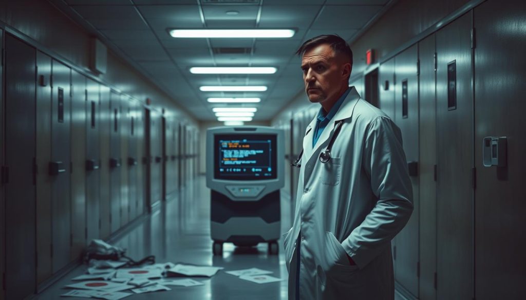 A dimly lit hospital hallway serves as the background, filled with empty patient rooms and flickering fluorescent lights that create a sense of unease. In the foreground, a medical professional in a white coat, looking frustrated and worried, stands next to a malfunctioning AI diagnostic machine, displaying error messages on its screen. The middle ground features scattered papers and medical charts, some with red circles highlighting inaccuracies. The lighting casts long shadows, enhancing the somber atmosphere. A sense of urgency and failure pervades the scene, conveying the challenges of integrating AI in healthcare. The overall mood is tense, reflective of the consequences of AI errors in patient care. A dimly lit hospital hallway serves as the background, filled with empty patient rooms and flickering fluorescent lights that create a sense of unease. In the foreground, a medical professional in a white coat, looking frustrated and worried, stands next to a malfunctioning AI diagnostic machine, displaying error messages on its screen. The middle ground features scattered papers and medical charts, some with red circles highlighting inaccuracies. The lighting casts long shadows, enhancing the somber atmosphere. A sense of urgency and failure pervades the scene, conveying the challenges of integrating AI in healthcare. The overall mood is tense, reflective of the consequences of AI errors in patient care.