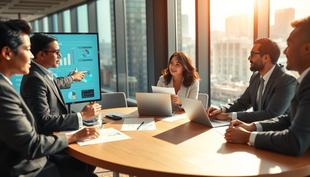 A diverse group of business professionals engaged in a roundtable discussion about AI governance, depicted in a modern conference room setting. In the foreground, a South Asian woman and a Black man, both dressed in professional business attire, are pointing at a digital screen showing graphs and data related to AI impact. In the middle, a Caucasian woman and a Hispanic man are exchanging ideas, with papers and laptops open in front of them. The background features a large window with a city skyline, filtering warm sunlight into the room, creating a vibrant atmosphere. Use a slight depth of field to focus on the group, enhancing the professional mood of collaboration and thought leadership in AI governance. A diverse group of business professionals engaged in a roundtable discussion about AI governance, depicted in a modern conference room setting. In the foreground, a South Asian woman and a Black man, both dressed in professional business attire, are pointing at a digital screen showing graphs and data related to AI impact. In the middle, a Caucasian woman and a Hispanic man are exchanging ideas, with papers and laptops open in front of them. The background features a large window with a city skyline, filtering warm sunlight into the room, creating a vibrant atmosphere. Use a slight depth of field to focus on the group, enhancing the professional mood of collaboration and thought leadership in AI governance.