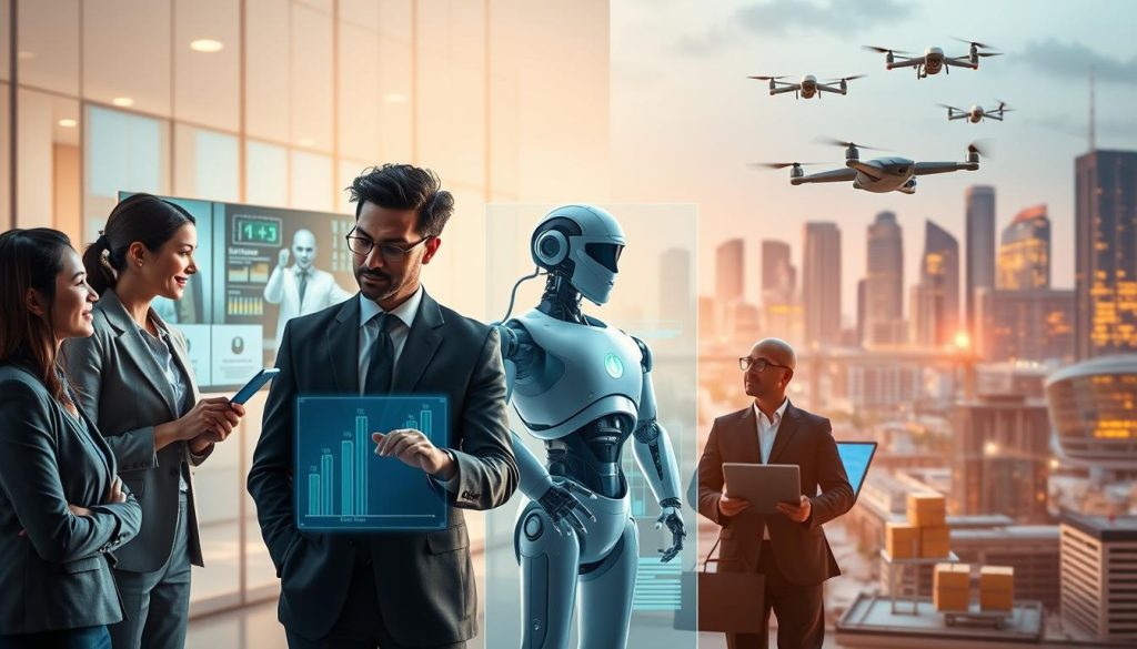 A dynamic and visually engaging representation of "AI in Various Industries." In the foreground, a diverse group of professionals in business attire, analyzing data on holographic screens, showcasing collaboration and innovation. In the middle ground, a hospital scene with AI-assisted robots aiding surgeons, a factory with robotic arms assembling products, and a sleek office with AI software optimizing workflows. In the background, a city skyline with drones delivering packages, symbolizing the integration of AI across sectors. Soft, warm lighting to create a positive and futuristic mood. Use a wide-angle lens to emphasize the breadth of AI's impact, capturing a sense of industrious energy and technological advancement without any text or distractions. A dynamic and visually engaging representation of "AI in Various Industries." In the foreground, a diverse group of professionals in business attire, analyzing data on holographic screens, showcasing collaboration and innovation. In the middle ground, a hospital scene with AI-assisted robots aiding surgeons, a factory with robotic arms assembling products, and a sleek office with AI software optimizing workflows. In the background, a city skyline with drones delivering packages, symbolizing the integration of AI across sectors. Soft, warm lighting to create a positive and futuristic mood. Use a wide-angle lens to emphasize the breadth of AI's impact, capturing a sense of industrious energy and technological advancement without any text or distractions.