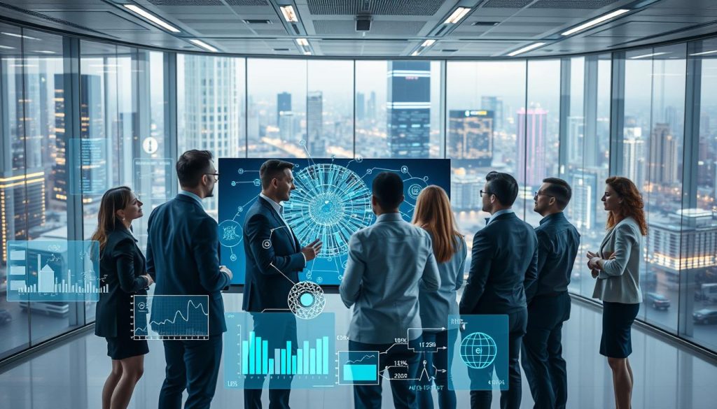 A dynamic, futuristic office space illustrating AI collaborative frameworks. In the foreground, a diverse group of professionals in business attire are engaged in animated discussion around a large digital screen displaying interconnected AI networks and data flow. The middle ground features translucent holographic displays showing graphs, charts, and algorithms, symbolizing transparency in AI. In the background, glass walls reveal a bustling cityscape with advanced technology. Soft, ambient lighting fills the scene, creating a harmonious atmosphere of innovation and teamwork. Use a wide-angle lens to capture the depth of the space, emphasizing collaboration and transparency, with a slight vignette effect to focus on the group’s interaction and the vibrant visuals. A dynamic, futuristic office space illustrating AI collaborative frameworks. In the foreground, a diverse group of professionals in business attire are engaged in animated discussion around a large digital screen displaying interconnected AI networks and data flow. The middle ground features translucent holographic displays showing graphs, charts, and algorithms, symbolizing transparency in AI. In the background, glass walls reveal a bustling cityscape with advanced technology. Soft, ambient lighting fills the scene, creating a harmonious atmosphere of innovation and teamwork. Use a wide-angle lens to capture the depth of the space, emphasizing collaboration and transparency, with a slight vignette effect to focus on the group’s interaction and the vibrant visuals.