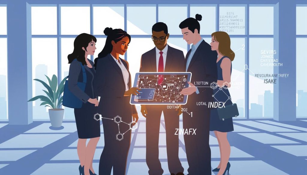 A dynamic illustration depicting challenges in AI algorithmic fairness. In the foreground, a diverse group of professionals in business attire, including a woman of Asian descent, a Black man, and a Latinx woman, engaged in a discussion around a digital tablet displaying complex algorithms. The middle ground features abstract representations of algorithms and data flows—interconnected networks and binary code—symbolizing the intricate nature of AI. The background consists of a modern office space with large windows letting in natural light, casting geometrical shadows on the floor, creating a sense of openness and transparency. The overall mood is contemplative and analytical, emphasizing the urgency and importance of fairness in AI development, with a color palette of blues and greys infusing a sense of professionalism.