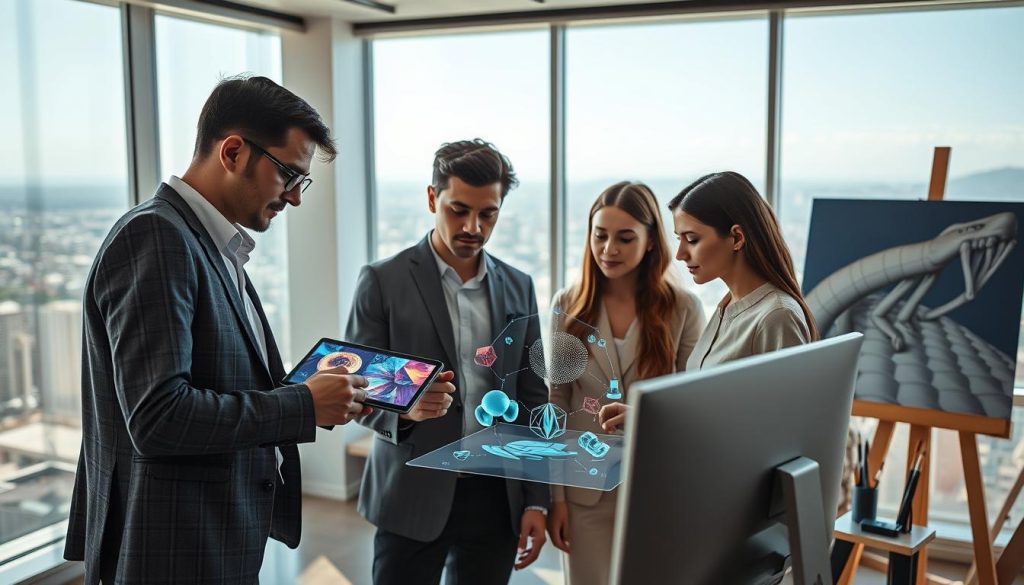 A futuristic art studio showcasing the collaboration between AI and human creativity. In the foreground, a diverse group of three professionals—two men and a woman—dressed in smart casual attire, are intently collaborating over a digital tablet displaying vibrant visual designs generated by an AI. The middle layer features a sleek computer setup with holographic interfaces projecting 3D art and design patterns, merging traditional art supplies like paintbrushes and canvases with advanced technology. In the background, large windows reveal a bright cityscape and a scenic skyline, with soft sunlight streaming in, creating an inspiring atmosphere. The overall mood is one of innovation and synergy, highlighting the seamless integration of AI in creative pursuits, captured with a wide-angle lens to emphasize the space and collaborative energy.