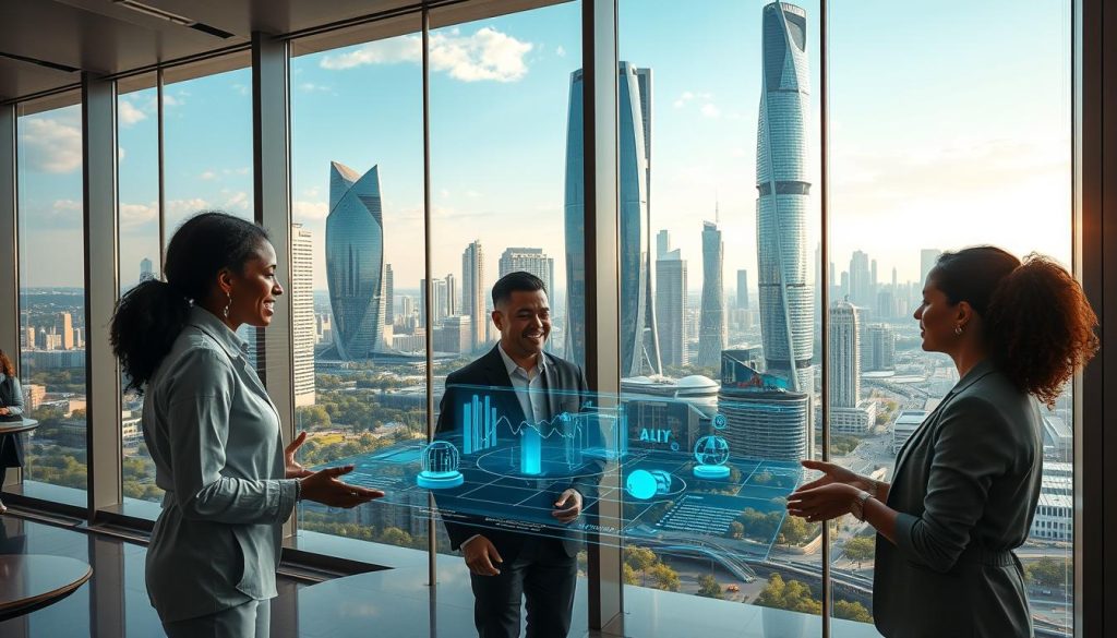 A futuristic cityscape representing "Global AI Development," featuring diverse professionals collaborating in a sleek, modern office setting. In the foreground, a group of three individuals of different ethnicities—an African American woman, an Asian man, and a Caucasian woman—are engaged in lively discussion around a holographic interface displaying AI algorithms and data. In the middle, large glass windows reveal a panoramic view of a vibrant, tech-driven metropolis with green spaces and autonomous vehicles. The background showcases tall, architecturally innovative skyscrapers adorned with digital billboards. The atmosphere is optimistic and inspiring, with warm, natural lighting and a bright, blue sky. The photograph captures the essence of collaboration and progress in the AI field, viewed from a slightly elevated angle to convey depth. A futuristic cityscape representing "Global AI Development," featuring diverse professionals collaborating in a sleek, modern office setting. In the foreground, a group of three individuals of different ethnicities—an African American woman, an Asian man, and a Caucasian woman—are engaged in lively discussion around a holographic interface displaying AI algorithms and data. In the middle, large glass windows reveal a panoramic view of a vibrant, tech-driven metropolis with green spaces and autonomous vehicles. The background showcases tall, architecturally innovative skyscrapers adorned with digital billboards. The atmosphere is optimistic and inspiring, with warm, natural lighting and a bright, blue sky. The photograph captures the essence of collaboration and progress in the AI field, viewed from a slightly elevated angle to convey depth.