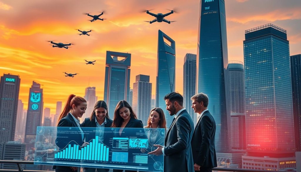 A futuristic cityscape showcasing advanced AI technology integration. In the foreground, a group of diverse professionals in business attire collaborate around a holographic interface displaying analytical data and AI algorithms. The middle ground features sleek skyscrapers with glowing digital screens and drones flying overhead, illustrating the seamless blend of technology in daily life. The background presents a vibrant sunset sky, casting warm orange and cool blue hues, symbolizing optimism for the future. Soft, ambient lighting highlights the intricate details of the city and the expressions of the professionals, evoking a sense of innovation and progress. The overall mood is inspiring and forward-looking, reflecting the driving forces behind AI adoption. A futuristic cityscape showcasing advanced AI technology integration. In the foreground, a group of diverse professionals in business attire collaborate around a holographic interface displaying analytical data and AI algorithms. The middle ground features sleek skyscrapers with glowing digital screens and drones flying overhead, illustrating the seamless blend of technology in daily life. The background presents a vibrant sunset sky, casting warm orange and cool blue hues, symbolizing optimism for the future. Soft, ambient lighting highlights the intricate details of the city and the expressions of the professionals, evoking a sense of innovation and progress. The overall mood is inspiring and forward-looking, reflecting the driving forces behind AI adoption.