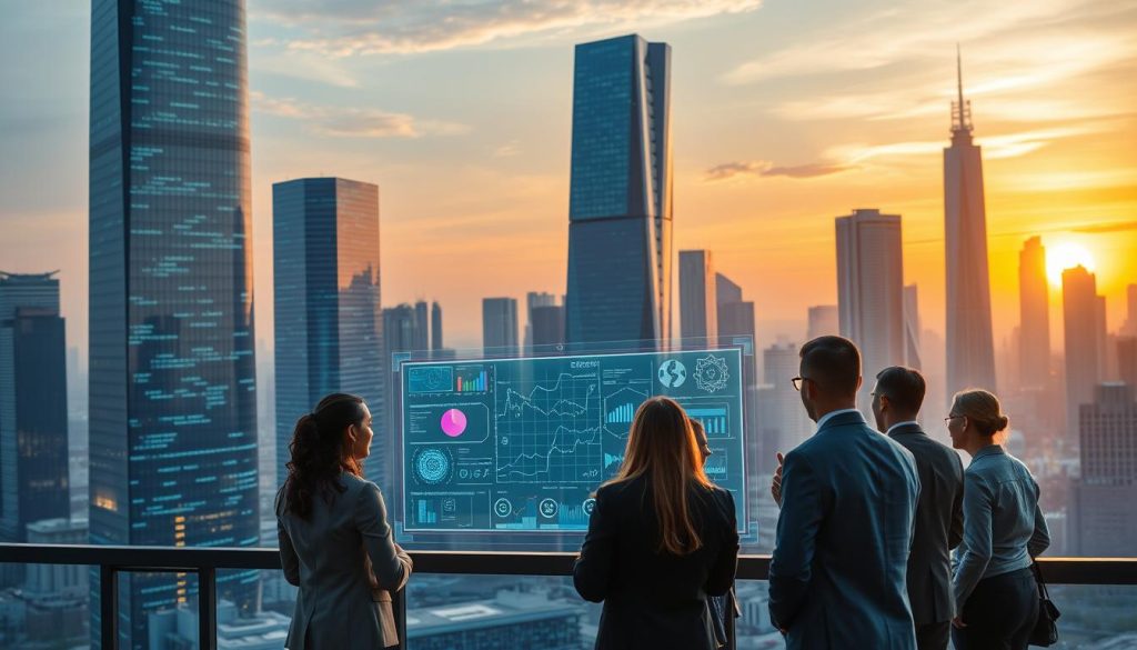 A futuristic cityscape symbolizes the evolution of AI transparency. In the foreground, a diverse group of professionals in business attire engage in a discussion around a holographic display showcasing data insights and AI algorithms. The middle ground features sleek, transparent skyscrapers adorned with digital interfaces displaying flowing data streams and visualizations of AI decision-making processes. The background reveals a vibrant sunset casting a warm glow, illuminating the skyline and enhancing the sense of optimism about the future of technology. Use soft, diffused lighting to highlight the interactions and create a hopeful atmosphere. The lens should capture a slightly elevated angle, emphasizing the scale of both the human elements and the futuristic city. A futuristic cityscape symbolizes the evolution of AI transparency. In the foreground, a diverse group of professionals in business attire engage in a discussion around a holographic display showcasing data insights and AI algorithms. The middle ground features sleek, transparent skyscrapers adorned with digital interfaces displaying flowing data streams and visualizations of AI decision-making processes. The background reveals a vibrant sunset casting a warm glow, illuminating the skyline and enhancing the sense of optimism about the future of technology. Use soft, diffused lighting to highlight the interactions and create a hopeful atmosphere. The lens should capture a slightly elevated angle, emphasizing the scale of both the human elements and the futuristic city.