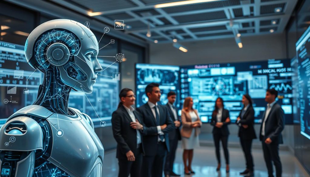 A futuristic, conceptual illustration of AI context recognition capabilities. In the foreground, feature a sleek, humanoid robot with an intricate, glowing neural network visible beneath its semi-transparent skin, actively analyzing diverse data streams represented by floating holographic icons, such as text, images, and graphs. The middle ground shows a diverse group of people in professional attire, engaged in thoughtful discussion, their expressions reflecting intrigue and contemplation. The background is a modern, high-tech environment with large screens displaying complex algorithms and contextual information. Use soft, ambient lighting to create a calm, optimistic atmosphere, capturing the essence of advanced technology empowering human understanding. The perspective should be slightly tilted upwards to suggest growth and potential. A futuristic, conceptual illustration of AI context recognition capabilities. In the foreground, feature a sleek, humanoid robot with an intricate, glowing neural network visible beneath its semi-transparent skin, actively analyzing diverse data streams represented by floating holographic icons, such as text, images, and graphs. The middle ground shows a diverse group of people in professional attire, engaged in thoughtful discussion, their expressions reflecting intrigue and contemplation. The background is a modern, high-tech environment with large screens displaying complex algorithms and contextual information. Use soft, ambient lighting to create a calm, optimistic atmosphere, capturing the essence of advanced technology empowering human understanding. The perspective should be slightly tilted upwards to suggest growth and potential.