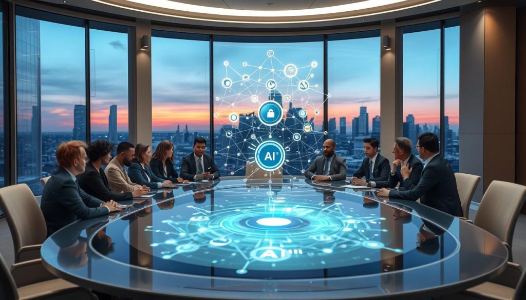 A futuristic conference room, elegantly designed, serves as the foreground with a sleek, oval table surrounded by diverse professionals in business attire engaged in a lively discussion. In the middle ground, a glowing holographic display of interconnected algorithms and AI neural networks illuminates the scene, symbolizing superintelligence governance. The background features a large window with a city skyline at dusk, reflecting the advances in technology and innovation. Soft, ambient lighting creates a contemplative atmosphere, enhancing both the urgency and hope regarding AI control. A wide-angle view captures the dynamic interactions and thoughtful expressions on the attendees' faces as they navigate the complex debate surrounding AI governance. A futuristic conference room, elegantly designed, serves as the foreground with a sleek, oval table surrounded by diverse professionals in business attire engaged in a lively discussion. In the middle ground, a glowing holographic display of interconnected algorithms and AI neural networks illuminates the scene, symbolizing superintelligence governance. The background features a large window with a city skyline at dusk, reflecting the advances in technology and innovation. Soft, ambient lighting creates a contemplative atmosphere, enhancing both the urgency and hope regarding AI control. A wide-angle view captures the dynamic interactions and thoughtful expressions on the attendees' faces as they navigate the complex debate surrounding AI governance.
