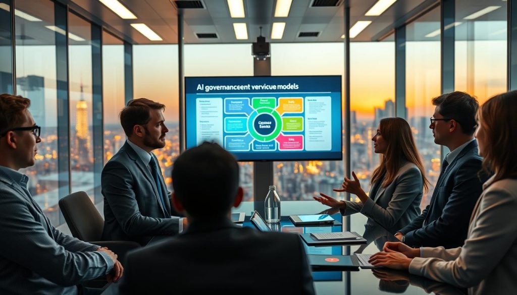 A futuristic conference room filled with diverse professionals engaged in a discussion about AI governance models. In the foreground, a diverse group of three individuals dressed in professional business attire—two men and one woman—are actively discussing, with a digital tablet and data charts visible on the table. The middle ground features a large screen displaying a colorful infographic illustrating various AI governance frameworks, highlighting transparency, accountability, and ethics. In the background, glass panels reveal a city skyline illuminated by soft evening lights, creating an inspiring atmosphere. The lighting is warm and inviting, casting soft shadows that emphasize collaboration and innovation. Capture the mood of forward-thinking dialogue, instilling a sense of hope and responsibility towards AI development and regulation. A futuristic conference room filled with diverse professionals engaged in a discussion about AI governance models. In the foreground, a diverse group of three individuals dressed in professional business attire—two men and one woman—are actively discussing, with a digital tablet and data charts visible on the table. The middle ground features a large screen displaying a colorful infographic illustrating various AI governance frameworks, highlighting transparency, accountability, and ethics. In the background, glass panels reveal a city skyline illuminated by soft evening lights, creating an inspiring atmosphere. The lighting is warm and inviting, casting soft shadows that emphasize collaboration and innovation. Capture the mood of forward-thinking dialogue, instilling a sense of hope and responsibility towards AI development and regulation.