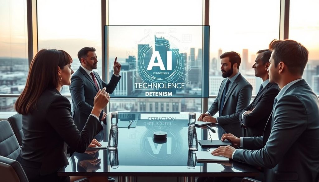 A futuristic conference room scene where a diverse group of professionals, dressed in smart business attire, engage in a heated debate about technological determinism and AI. In the foreground, a woman gestures passionately, while a man raises a finger in thoughtful rebuttal. In the middle ground, a transparent screen displays a dynamic visual of AI concepts and data, reflecting mood and tension. The background features large windows showing a city skyline, bathed in soft evening light, creating a contrasting atmosphere of optimism and uncertainty. Use a wide-angle lens for depth, with dramatic lighting highlighting the participants' expressions, conveying a sense of urgency and importance. The overall mood should feel intense yet insightful, epitomizing the debate over the inevitability of AI. A futuristic conference room scene where a diverse group of professionals, dressed in smart business attire, engage in a heated debate about technological determinism and AI. In the foreground, a woman gestures passionately, while a man raises a finger in thoughtful rebuttal. In the middle ground, a transparent screen displays a dynamic visual of AI concepts and data, reflecting mood and tension. The background features large windows showing a city skyline, bathed in soft evening light, creating a contrasting atmosphere of optimism and uncertainty. Use a wide-angle lens for depth, with dramatic lighting highlighting the participants' expressions, conveying a sense of urgency and importance. The overall mood should feel intense yet insightful, epitomizing the debate over the inevitability of AI.