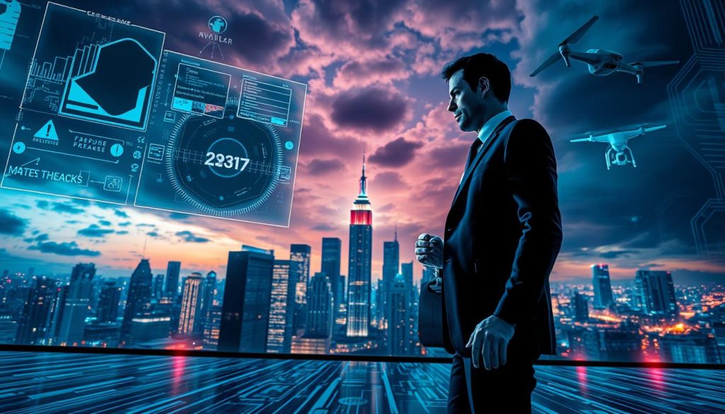 A futuristic digital landscape illustrating security threats linked to AI, featuring a central figure in professional business attire, intently analyzing complex data streams on holographic screens. In the foreground, visual representations of cyber threats like malware and data breaches take shape as dark, swirling shapes. The middle ground showcases a city skyline illuminated by neon lights, symbolizing advanced technology, with subtle signs of surveillance—security cameras and drones watching. The background is a gradient of ominous clouds and circuitry patterns, creating a tense atmosphere. The scene is lit with dramatic contrasts of cool blues and warm hues, emphasizing urgency and danger reminiscent of a cyberpunk aesthetic. Capture this from a low angle, adding depth and intensity to the narrative of AI security vulnerabilities.