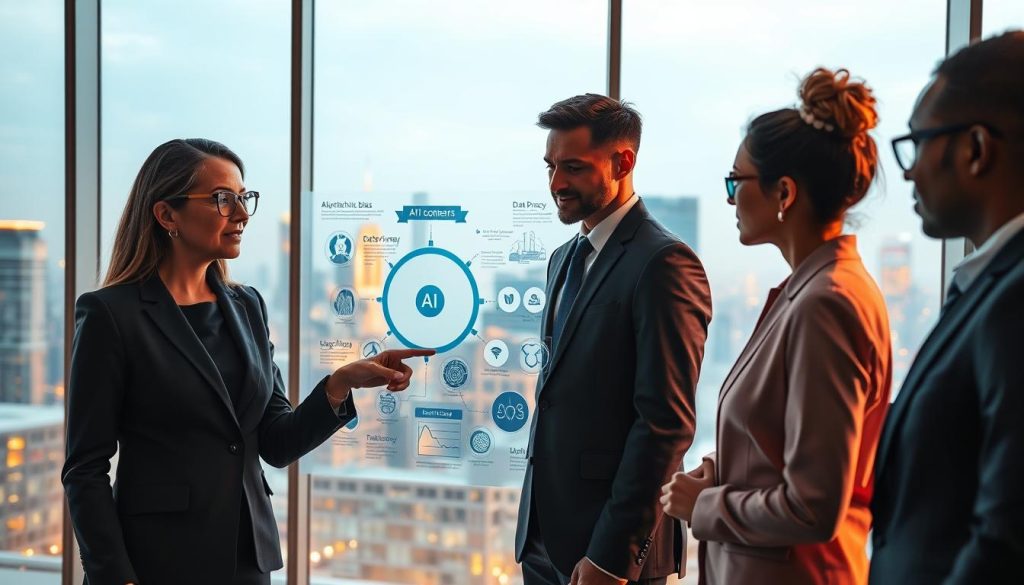 A futuristic office environment serves as the backdrop, where a diverse group of three professionals in business attire observe a digital screen displaying a complex infographic of AI safety concerns. In the foreground, a middle-aged woman with glasses points to graphic elements representing various safety concerns, like algorithmic bias, data privacy, and autonomous decision-making. The middle layer features the glowing screen filled with intricate diagrams and illustrations, conveying complexity and urgency. In the background, a sleek city skyline is visible through large windows, bathed in warm, ambient lighting that suggests both optimism and caution. The image should evoke a mood of thoughtful contemplation and education, highlighting the importance of addressing AI safety issues.