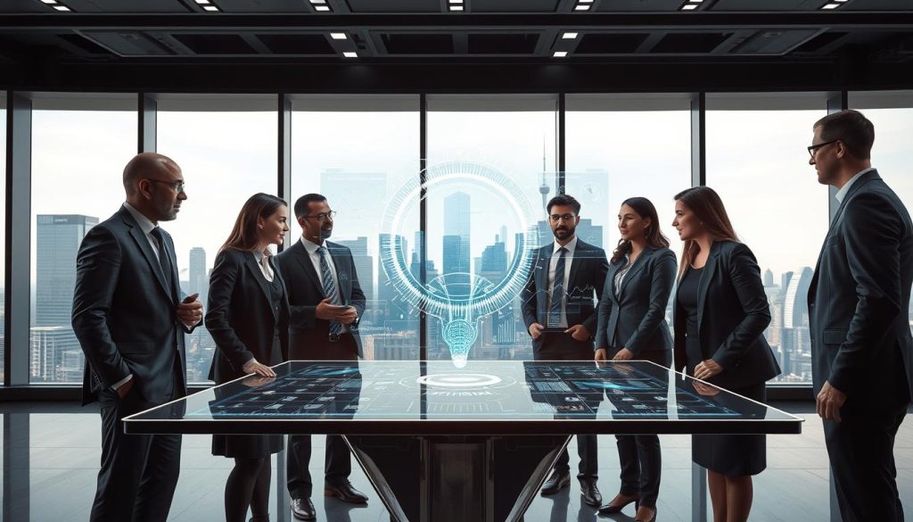 A futuristic office setting depicting AI Risk Management. In the foreground, a diverse group of professionals in smart business attire is engaged in a strategic discussion around a digital interface displaying risk analysis graphs and AI models. In the middle, holographic imagery representing AI algorithms and data flows visually connects to the analysts. The background features large windows with a city skyline, suggesting a modern technological environment. The lighting is bright and professional, with soft shadows to enhance depth. Use a wide-angle lens to capture the dynamic energy of collaboration and innovation. The mood is focused and forward-thinking, embodying the principles of responsible AI governance. A futuristic office setting depicting AI Risk Management. In the foreground, a diverse group of professionals in smart business attire is engaged in a strategic discussion around a digital interface displaying risk analysis graphs and AI models. In the middle, holographic imagery representing AI algorithms and data flows visually connects to the analysts. The background features large windows with a city skyline, suggesting a modern technological environment. The lighting is bright and professional, with soft shadows to enhance depth. Use a wide-angle lens to capture the dynamic energy of collaboration and innovation. The mood is focused and forward-thinking, embodying the principles of responsible AI governance.