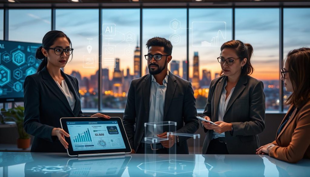A futuristic office setting depicting a diverse group of professionals engaged in a discussion about AI governance. In the foreground, a confident woman in business attire presents a digital tablet showing graphs and charts. Beside her, a man in smart casual clothing listens intently, while a woman in glasses takes notes. In the middle ground, sleek screens display AI-related icons and governance frameworks, with holographic elements illustrating data flows and algorithms. The background features a large window showcasing a city skyline under a twilight sky, casting soft blue and orange lighting into the room. The atmosphere conveys collaboration, innovation, and forward-thinking, emphasizing the evolution of AI governance in a modern workspace. A futuristic office setting depicting a diverse group of professionals engaged in a discussion about AI governance. In the foreground, a confident woman in business attire presents a digital tablet showing graphs and charts. Beside her, a man in smart casual clothing listens intently, while a woman in glasses takes notes. In the middle ground, sleek screens display AI-related icons and governance frameworks, with holographic elements illustrating data flows and algorithms. The background features a large window showcasing a city skyline under a twilight sky, casting soft blue and orange lighting into the room. The atmosphere conveys collaboration, innovation, and forward-thinking, emphasizing the evolution of AI governance in a modern workspace.