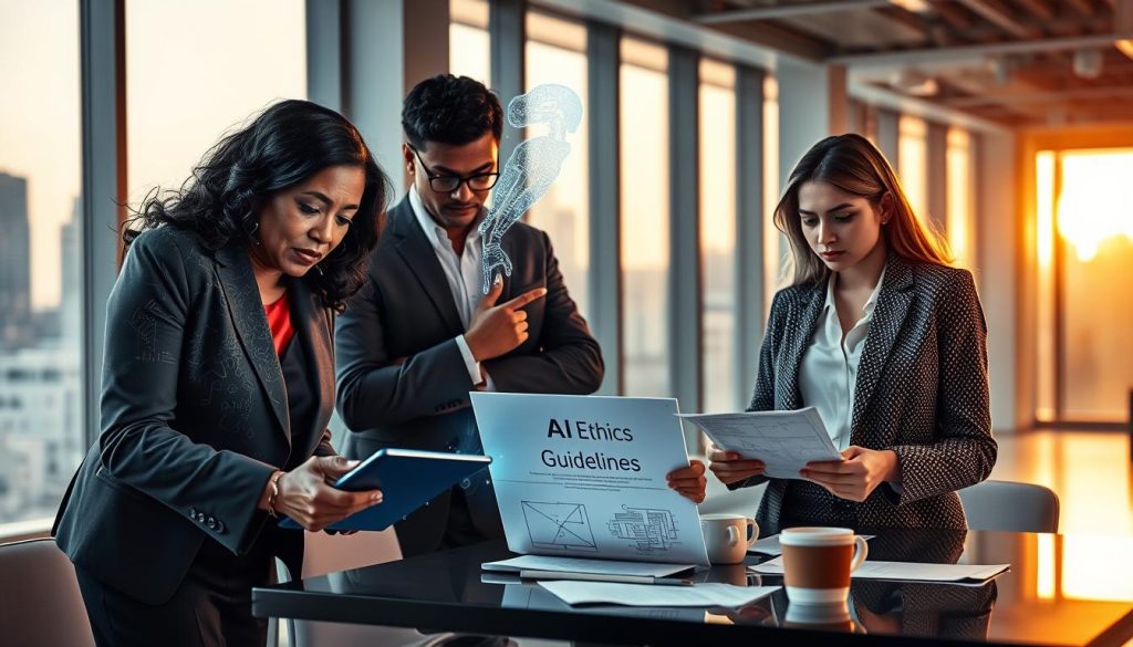 A futuristic office setting depicting a thoughtful group of diverse professionals expressing concern about AI ethics. In the foreground, a middle-aged Black woman in business attire leans over a digital tablet showing complex AI algorithms, her facial expression pensive. Beside her, a young Asian man in smart casual clothing gestures towards a floating holographic representation of a robot with intricate circuitry patterns, symbolizing technology and ethics. In the middle ground, a white woman pensively examines a document labeled "AI Ethics Guidelines" amidst papers and coffee cups. The background features large windows with city skyline views, bathed in soft, natural lighting from the setting sun, creating a warm yet serious atmosphere. The overall mood of the image is reflective, highlighting the importance of ethical considerations in AI development. A futuristic office setting depicting a thoughtful group of diverse professionals expressing concern about AI ethics. In the foreground, a middle-aged Black woman in business attire leans over a digital tablet showing complex AI algorithms, her facial expression pensive. Beside her, a young Asian man in smart casual clothing gestures towards a floating holographic representation of a robot with intricate circuitry patterns, symbolizing technology and ethics. In the middle ground, a white woman pensively examines a document labeled "AI Ethics Guidelines" amidst papers and coffee cups. The background features large windows with city skyline views, bathed in soft, natural lighting from the setting sun, creating a warm yet serious atmosphere. The overall mood of the image is reflective, highlighting the importance of ethical considerations in AI development.