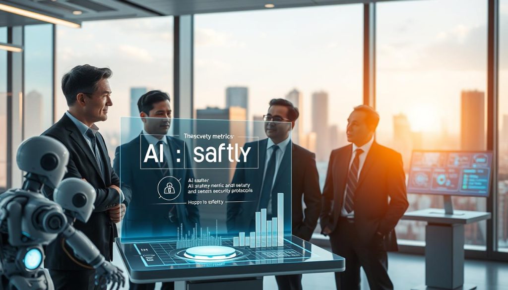 A futuristic office setting showcasing AI safety innovations. In the foreground, a diverse group of three professionals, two men and one woman, are gathered around a sleek, holographic display depicting AI safety metrics and security protocols. They are dressed in professional business attire, engaging in a focused discussion, showcasing determination and hope for AI's future. The middle ground features advanced technological elements, such as robotic assistants and transparent screens displaying real-time monitoring data. The background displays large windows with a city skyline, casting warm, natural light into the room, creating an atmosphere of innovation and collaboration. Soft focus on the background emphasizes the professionals, while warm lighting adds a hopeful mood, suggesting progress in navigating AI misuse. A futuristic office setting showcasing AI safety innovations. In the foreground, a diverse group of three professionals, two men and one woman, are gathered around a sleek, holographic display depicting AI safety metrics and security protocols. They are dressed in professional business attire, engaging in a focused discussion, showcasing determination and hope for AI's future. The middle ground features advanced technological elements, such as robotic assistants and transparent screens displaying real-time monitoring data. The background displays large windows with a city skyline, casting warm, natural light into the room, creating an atmosphere of innovation and collaboration. Soft focus on the background emphasizes the professionals, while warm lighting adds a hopeful mood, suggesting progress in navigating AI misuse.