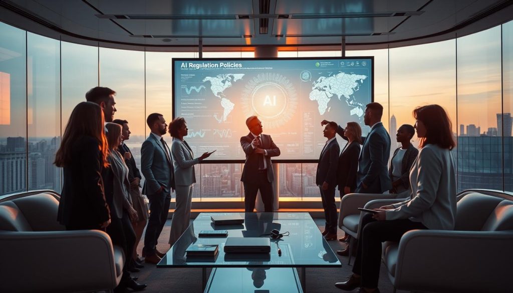 A futuristic office setting with a large digital screen displaying intricate data visualizations representing AI regulation policies. In the foreground, a diverse group of professionals, dressed in formal business attire, are engaged in a serious discussion, pointing at the screen. The middle ground features sleek, modern furniture, with a glass table and tech devices, emphasizing a collaborative environment. The background shows a panoramic view of a city skyline bathed in the soft glow of evening light, casting long shadows. The scene conveys a mood of urgency and focus, suggesting the weight of the security risks linked to AI misuse. Use a wide-angle lens for depth, and ensure the lighting is balanced to highlight expressions and digital content clearly. A futuristic office setting with a large digital screen displaying intricate data visualizations representing AI regulation policies. In the foreground, a diverse group of professionals, dressed in formal business attire, are engaged in a serious discussion, pointing at the screen. The middle ground features sleek, modern furniture, with a glass table and tech devices, emphasizing a collaborative environment. The background shows a panoramic view of a city skyline bathed in the soft glow of evening light, casting long shadows. The scene conveys a mood of urgency and focus, suggesting the weight of the security risks linked to AI misuse. Use a wide-angle lens for depth, and ensure the lighting is balanced to highlight expressions and digital content clearly.