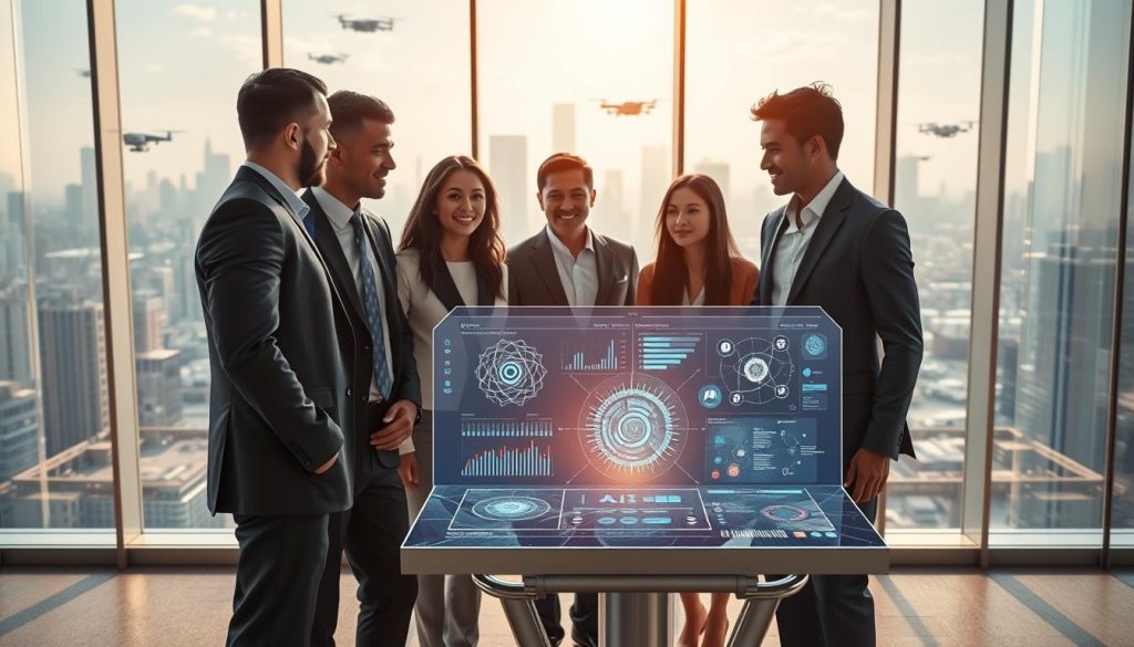 A futuristic office space showcasing current AI technology trends. In the foreground, a diverse group of three professionals in smart business attire are engaged in a discussion around a holographic display of data and AI models. The middle layer features sleek digital panels showing AI algorithms and neural networks, while intuitive interfaces float above the table. In the background, large windows allow natural light to flood in, revealing a city skyline with drones and automated vehicles. The lighting is bright and warm, creating an optimistic atmosphere. Use a wide-angle lens for a dynamic perspective, emphasizing the collaborative environment and advanced technology at play, symbolizing the future of AI. A futuristic office space showcasing current AI technology trends. In the foreground, a diverse group of three professionals in smart business attire are engaged in a discussion around a holographic display of data and AI models. The middle layer features sleek digital panels showing AI algorithms and neural networks, while intuitive interfaces float above the table. In the background, large windows allow natural light to flood in, revealing a city skyline with drones and automated vehicles. The lighting is bright and warm, creating an optimistic atmosphere. Use a wide-angle lens for a dynamic perspective, emphasizing the collaborative environment and advanced technology at play, symbolizing the future of AI.