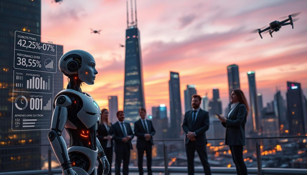 A futuristic scene depicting a vibrant city skyline at dusk, symbolizing the rise of AI. In the foreground, a sleek and advanced AI robot, humanoid in form, stands confidently, showcasing its intricate circuits glowing with light. It is surrounded by holographic displays of data analytics and performance metrics indicating achievements over humans in various fields. In the middle ground, professionals in business attire look on in awe, engaged in discussion, showcasing a blend of curiosity and admiration. The background features illuminated skyscrapers and flying drones, enhancing a sense of technological advancement. The atmosphere is dynamic and optimistic, with a warm glow from the setting sun illuminating the scene. Use a wide-angle lens for depth and clarity, highlighting both the AI and the human observers in perfect balance. A futuristic scene depicting a vibrant city skyline at dusk, symbolizing the rise of AI. In the foreground, a sleek and advanced AI robot, humanoid in form, stands confidently, showcasing its intricate circuits glowing with light. It is surrounded by holographic displays of data analytics and performance metrics indicating achievements over humans in various fields. In the middle ground, professionals in business attire look on in awe, engaged in discussion, showcasing a blend of curiosity and admiration. The background features illuminated skyscrapers and flying drones, enhancing a sense of technological advancement. The atmosphere is dynamic and optimistic, with a warm glow from the setting sun illuminating the scene. Use a wide-angle lens for depth and clarity, highlighting both the AI and the human observers in perfect balance.