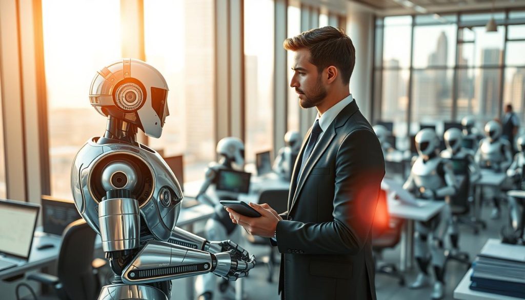 A futuristic workspace filled with AI-powered robots assisting in daily tasks. In the foreground, a sleek, humanoid robot with a polished chrome finish interacts daily with a human professional wearing smart business attire, demonstrating collaboration. The middle ground features a bustling office filled with more robots, each performing various functions like data analysis on large screens and organizing documents with precision. The background showcases a large window with a vibrant cityscape, bathed in warm, inviting sunlight. The lighting creates a bright, optimistic atmosphere, suggesting a harmonious future where AI enriches everyday life. The angle is slightly elevated, providing a comprehensive view of the dynamic interaction between humans and machines.