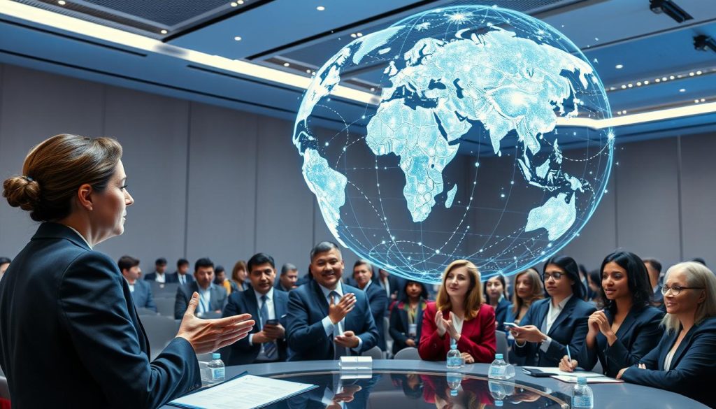 A global conference on AI regulation, featuring diverse government officials in professional business attire engaged in a serious discussion around a large digital globe displaying interconnected data points. In the foreground, a confident female speaker gestures towards a digital presentation. In the middle ground, attentive attendees of various ethnic backgrounds take notes, while a holographic map of global AI regulations hovers above them. The background shows sleek conference hall architecture, with soft blue and white lighting creating a professional atmosphere. A wide-angle perspective captures the dynamic interaction and the significance of governance in AI regulation. The mood is focused and collaborative, reflecting the urgency and importance of managing AI technologies. A global conference on AI regulation, featuring diverse government officials in professional business attire engaged in a serious discussion around a large digital globe displaying interconnected data points. In the foreground, a confident female speaker gestures towards a digital presentation. In the middle ground, attentive attendees of various ethnic backgrounds take notes, while a holographic map of global AI regulations hovers above them. The background shows sleek conference hall architecture, with soft blue and white lighting creating a professional atmosphere. A wide-angle perspective captures the dynamic interaction and the significance of governance in AI regulation. The mood is focused and collaborative, reflecting the urgency and importance of managing AI technologies.