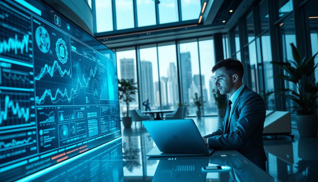 A high-tech workspace showcasing AI in data analysis. In the foreground, a large digital screen displays intricate graphs and algorithms, illuminated by a soft blue glow. A professional in business attire, focused and contemplative, operates a sleek laptop, surrounded by futuristic holographic data visualizations. In the middle ground, a modern office with minimalist furniture, glass walls, and plants adds an air of sophistication. The background features a city skyline through large windows, casting natural light into the room, enhancing the sense of innovation. The atmosphere is dynamic and optimistic, conveying the strengths of AI in enhancing decision-making capabilities. The angle is slightly elevated, capturing both the professional and the technological elements harmoniously, with a bright and engaging color palette that inspires creativity and forward-thinking. A high-tech workspace showcasing AI in data analysis. In the foreground, a large digital screen displays intricate graphs and algorithms, illuminated by a soft blue glow. A professional in business attire, focused and contemplative, operates a sleek laptop, surrounded by futuristic holographic data visualizations. In the middle ground, a modern office with minimalist furniture, glass walls, and plants adds an air of sophistication. The background features a city skyline through large windows, casting natural light into the room, enhancing the sense of innovation. The atmosphere is dynamic and optimistic, conveying the strengths of AI in enhancing decision-making capabilities. The angle is slightly elevated, capturing both the professional and the technological elements harmoniously, with a bright and engaging color palette that inspires creativity and forward-thinking.