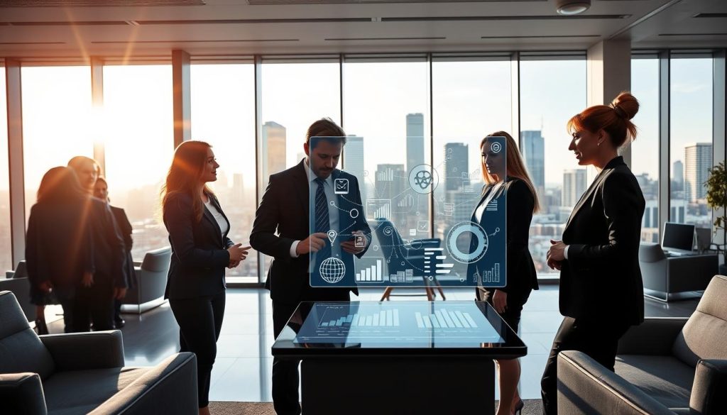 A modern business office setting with sleek, high-tech furniture and large windows allowing natural light to pour in. In the foreground, a diverse group of three professionals, a man and two women, dressed in smart business attire, are discussing over a digital tablet displaying AI data analytics. In the middle ground, a transparent screen displays graphics of data flow and algorithms, symbolizing AI integration in business. The background features a city skyline view, blending nature with technology, enhancing the atmosphere of innovation. The lighting is bright and optimistic, creating a mood of inspiration and forward-thinking. The camera angle is slightly elevated, capturing both the professionals and the impressive backdrop, emphasizing the profound role of AI in driving competitive advantage.