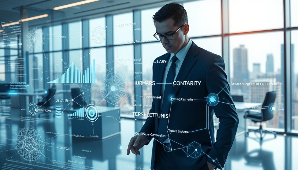 A modern digital workspace, filled with holographic visualizations representing AI semantic analysis. In the foreground, a focused professional in business attire interacts with a transparent touchscreen displaying complex charts and neural network diagrams. The middle ground features floating data points and keywords related to human communication, interconnected by glowing lines. In the background, a sleek office with large windows reveals a city skyline, bathed in soft, natural light, emphasizing clarity and intelligence. The atmosphere is innovative and thought-provoking, conveying the intricate relationship between AI and human context. The image should evoke a sense of advancement in technology and understanding, with a balanced color palette of blues and whites that enhance a futuristic vibe. The camera angle is slightly elevated, offering a comprehensive view of the scene without any text or distractions. A modern digital workspace, filled with holographic visualizations representing AI semantic analysis. In the foreground, a focused professional in business attire interacts with a transparent touchscreen displaying complex charts and neural network diagrams. The middle ground features floating data points and keywords related to human communication, interconnected by glowing lines. In the background, a sleek office with large windows reveals a city skyline, bathed in soft, natural light, emphasizing clarity and intelligence. The atmosphere is innovative and thought-provoking, conveying the intricate relationship between AI and human context. The image should evoke a sense of advancement in technology and understanding, with a balanced color palette of blues and whites that enhance a futuristic vibe. The camera angle is slightly elevated, offering a comprehensive view of the scene without any text or distractions.