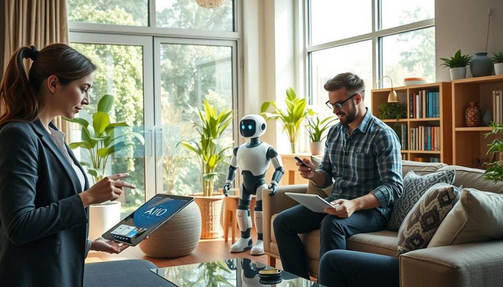 A modern living room bustling with technology, where a diverse group of people are seamlessly interacting with various AI devices. In the foreground, a woman in professional attire collaborates with a virtual assistant displayed on a sleek tablet, while a man in casual wear is engaged in a video call, with holographic projections assisting him. In the middle, an AI-powered robot organizes books on a shelf and takes care of household chores. In the background, large windows allow natural light to stream in, illuminating a vibrant indoor garden, symbolizing harmony between nature and technology. The atmosphere is optimistic and futuristic, conveying how AI enhances daily life, promotes collaboration, and fosters a productive environment. Bright, soft lighting amplifies the inviting mood, captured from a slightly elevated angle to provide depth. A modern living room bustling with technology, where a diverse group of people are seamlessly interacting with various AI devices. In the foreground, a woman in professional attire collaborates with a virtual assistant displayed on a sleek tablet, while a man in casual wear is engaged in a video call, with holographic projections assisting him. In the middle, an AI-powered robot organizes books on a shelf and takes care of household chores. In the background, large windows allow natural light to stream in, illuminating a vibrant indoor garden, symbolizing harmony between nature and technology. The atmosphere is optimistic and futuristic, conveying how AI enhances daily life, promotes collaboration, and fosters a productive environment. Bright, soft lighting amplifies the inviting mood, captured from a slightly elevated angle to provide depth.