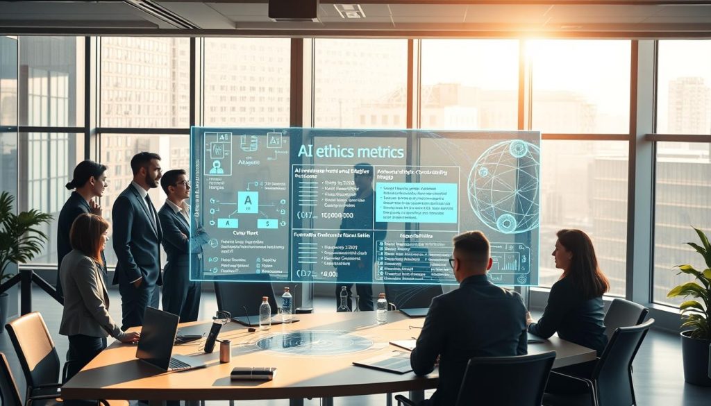 A modern office environment with a large collaborative workspace in the foreground. Centered is a diverse group of professionals in business attire, engaged in a heated discussion over a holographic display of AI ethics metrics, visually highlighting accountability and transparency. In the middle ground, an oversized digital screen shows AI algorithms and ethical guidelines, while an intricate network of data patterns illuminates the scene. The background features large windows with natural light flooding the room, creating a bright and hopeful atmosphere. Soft shadows evoke a sense of seriousness and gravitas, while warm ambient lighting ensures a welcoming vibe. The overall mood is one of collaboration, innovation, and conscientious oversight as humans navigate AI value development.