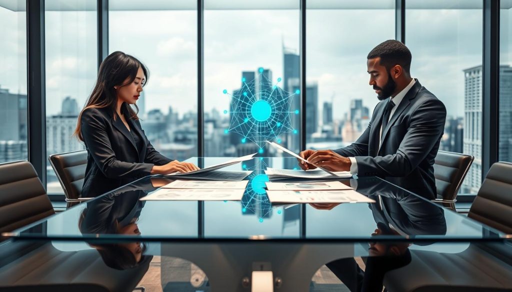 A modern office setting represents "Ethical AI Development." In the foreground, two diverse professionals—a woman of Asian descent and a man of African descent—are collaboratively reviewing documents on a sleek, glass conference table. Both are dressed in smart, professional attire, conveying engagement and focus. In the middle, an abstract representation of AI concepts, like neural networks and algorithmic patterns, subtly glows in blue and green hues, symbolizing ethical AI processes. The background features large windows with a cityscape view, allowing natural light to flood in, creating an optimistic and forward-thinking atmosphere. The overall mood is one of collaboration and innovation, suggesting a sincere commitment to ethical practices in AI development. The perspective is slightly elevated, capturing the dynamic environment of modern technological progress. A modern office setting represents "Ethical AI Development." In the foreground, two diverse professionals—a woman of Asian descent and a man of African descent—are collaboratively reviewing documents on a sleek, glass conference table. Both are dressed in smart, professional attire, conveying engagement and focus. In the middle, an abstract representation of AI concepts, like neural networks and algorithmic patterns, subtly glows in blue and green hues, symbolizing ethical AI processes. The background features large windows with a cityscape view, allowing natural light to flood in, creating an optimistic and forward-thinking atmosphere. The overall mood is one of collaboration and innovation, suggesting a sincere commitment to ethical practices in AI development. The perspective is slightly elevated, capturing the dynamic environment of modern technological progress.