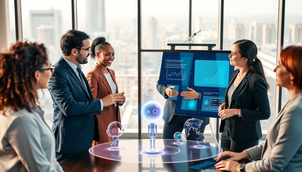 A modern workspace featuring diverse professionals collaborating around an interactive digital display, illustrating context-aware AI applications in various scenarios like smart home devices, personalized healthcare, and intelligent virtual assistants. In the foreground, a man in a navy suit and a woman in a smart casual outfit are actively discussing AI data insights, pointing at dynamic graphs and algorithms on the screen. In the middle ground, animated holographic representations of various AI applications are visible, showcasing interactions with user data. The background includes large windows with a view of a bustling city, with soft natural light illuminating the scene, creating an engaging and innovative atmosphere. The overall mood is focused and productive, highlighting the synergy between humans and technology in understanding context. A modern workspace featuring diverse professionals collaborating around an interactive digital display, illustrating context-aware AI applications in various scenarios like smart home devices, personalized healthcare, and intelligent virtual assistants. In the foreground, a man in a navy suit and a woman in a smart casual outfit are actively discussing AI data insights, pointing at dynamic graphs and algorithms on the screen. In the middle ground, animated holographic representations of various AI applications are visible, showcasing interactions with user data. The background includes large windows with a view of a bustling city, with soft natural light illuminating the scene, creating an engaging and innovative atmosphere. The overall mood is focused and productive, highlighting the synergy between humans and technology in understanding context.