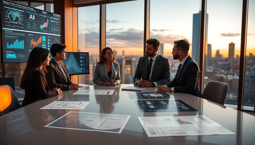 A professional, modern office environment illustrating "Mitigation Strategies for AI Risks." In the foreground, a diverse group of four individuals in formal business attire, deeply engaged in a collaborative discussion, surrounded by digital screens displaying visual data analytics and AI safety protocols. The middle ground features a sleek conference table with AI-themed infographics and strategic plans. In the background, large windows reveal a city skyline at dusk, bathed in warm lighting that creates an atmosphere of innovation and teamwork. Soft shadows accentuate the professional setting, while a high-angle perspective captures the dynamic interaction and focus on solving AI-related challenges, reflecting seriousness and forward-thinking.