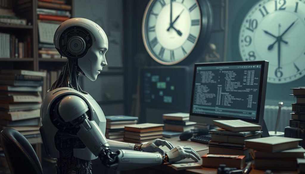 A resonant visual representation of "AI limitations in complex reasoning," featuring a humanoid robot seated at a cluttered desk filled with complex mathematical equations and logic puzzles. In the foreground, focus on the robot's puzzled expression, with intricate circuitry visible under its semi-transparent skin. In the middle ground, include stacks of books on philosophy and logic alongside a malfunctioning computer screen displaying confusing algorithms. The background reveals a dimly lit room with a large clock showing distorted time, symbolizing AI’s struggle with temporal reasoning. The atmosphere should evoke a sense of frustration and complexity, with soft, dramatic lighting highlighting the robot while casting shadows that suggest uncertainty. Use a slightly wide-angle perspective to enhance the feeling of confinement in the workspace. A resonant visual representation of "AI limitations in complex reasoning," featuring a humanoid robot seated at a cluttered desk filled with complex mathematical equations and logic puzzles. In the foreground, focus on the robot's puzzled expression, with intricate circuitry visible under its semi-transparent skin. In the middle ground, include stacks of books on philosophy and logic alongside a malfunctioning computer screen displaying confusing algorithms. The background reveals a dimly lit room with a large clock showing distorted time, symbolizing AI’s struggle with temporal reasoning. The atmosphere should evoke a sense of frustration and complexity, with soft, dramatic lighting highlighting the robot while casting shadows that suggest uncertainty. Use a slightly wide-angle perspective to enhance the feeling of confinement in the workspace.