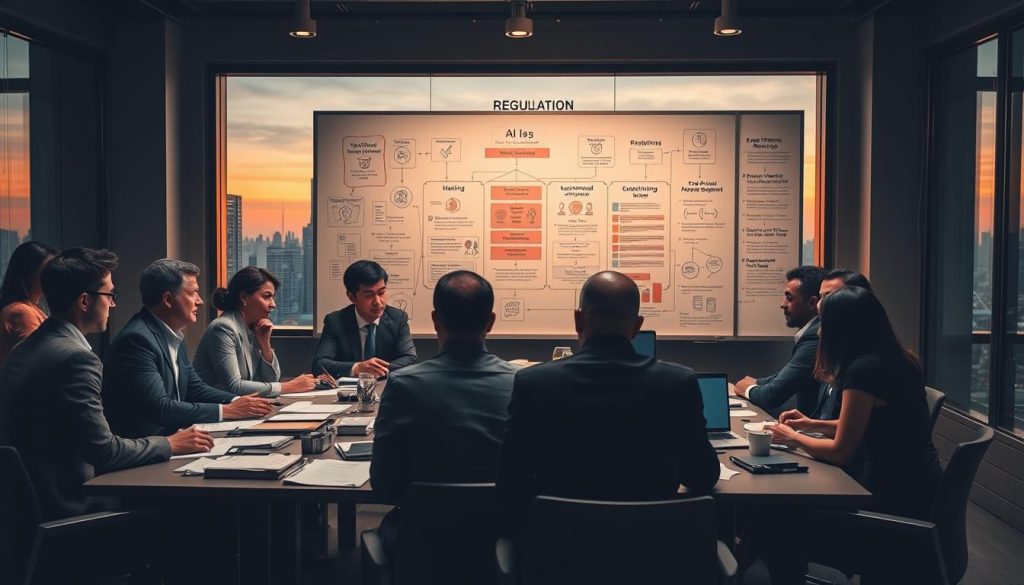 A scene depicting the challenges of AI regulation policies, set in a modern office environment. In the foreground, a diverse group of professionals in business attire (men and women of various ethnicities) engaged in a discussion around a large table filled with documents and digital devices. The middle ground shows a whiteboard filled with complex diagrams and sticky notes representing regulatory frameworks and challenges. In the background, a large window reveals a city skyline at dusk, bathed in warm, golden light suggesting a sense of urgency. The atmosphere is tense yet collaborative, capturing the intricate balance between innovation and legal oversight. Use a wide-angle lens to emphasize the intensity of the discussion and the scale of the workspace, with soft shadows adding depth to the scene. A scene depicting the challenges of AI regulation policies, set in a modern office environment. In the foreground, a diverse group of professionals in business attire (men and women of various ethnicities) engaged in a discussion around a large table filled with documents and digital devices. The middle ground shows a whiteboard filled with complex diagrams and sticky notes representing regulatory frameworks and challenges. In the background, a large window reveals a city skyline at dusk, bathed in warm, golden light suggesting a sense of urgency. The atmosphere is tense yet collaborative, capturing the intricate balance between innovation and legal oversight. Use a wide-angle lens to emphasize the intensity of the discussion and the scale of the workspace, with soft shadows adding depth to the scene.