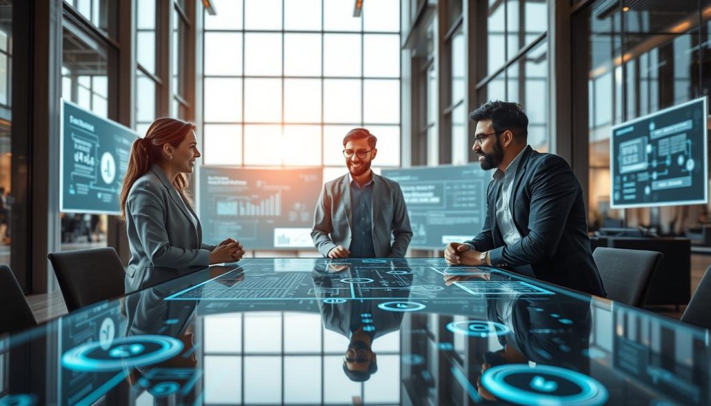 A serene and professional office environment representing ethical AI development. In the foreground, a diverse group of three professionals—one woman and two men—are engaged in a lively discussion around a transparent table with digital data projections glowing softly. The middle ground features large screens displaying data flow charts and ethical guidelines, symbolizing transparency in AI systems. The background is filled with sleek, modern architecture, with large windows allowing natural light to filter in, creating a warm and inviting atmosphere. The perspective is slightly wide-angle to capture both the dynamic interaction and the high-tech setting. Overall, the mood is collaborative and forward-thinking, emphasizing the necessity of transparency in AI systems. A serene and professional office environment representing ethical AI development. In the foreground, a diverse group of three professionals—one woman and two men—are engaged in a lively discussion around a transparent table with digital data projections glowing softly. The middle ground features large screens displaying data flow charts and ethical guidelines, symbolizing transparency in AI systems. The background is filled with sleek, modern architecture, with large windows allowing natural light to filter in, creating a warm and inviting atmosphere. The perspective is slightly wide-angle to capture both the dynamic interaction and the high-tech setting. Overall, the mood is collaborative and forward-thinking, emphasizing the necessity of transparency in AI systems.