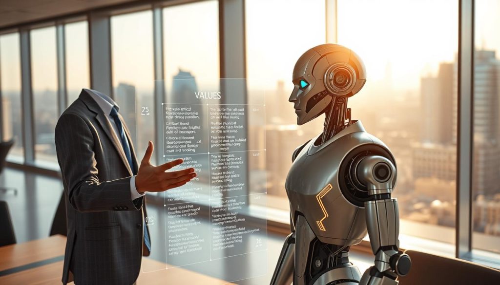 A serene office environment depicting a human and a robotic figure engaged in a thoughtful discussion on values. In the foreground, the human, a diverse professional in smart business attire, is gesturing towards a digital display overlaying a holographic representation of ethical principles and human values. In the middle ground, the robot, designed with sleek metallic features and expressive visual sensors, responds with intrigue, symbolizing the quest for value alignment in AI. The background features a panoramic city skyline through large glass windows, bathed in warm afternoon light that casts soft shadows, creating an atmosphere of collaboration and intellectual exchange. The overall mood is contemplative, highlighting the intersection of technology and ethics.
