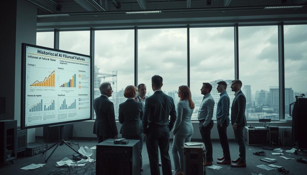 A somber scene depicting a series of historical AI failures set in a modern office environment. In the foreground, a large display board showcases charts and graphs illustrating infamous AI mishaps, conveying a sense of chaos and confusion. A small group of professionals in business attire, including a diverse mix of genders and ethnicities, engages in a serious discussion, their expressions reflecting concern and contemplation. In the middle ground, outdated computer hardware and papers strewn about hint at past experiments gone wrong. The background features a large window with a gray, overcast sky, casting moody, diffused light into the room. The atmosphere is tense, underscoring the grave lessons learned from these failures, with a focus on innovation amidst challenges. A somber scene depicting a series of historical AI failures set in a modern office environment. In the foreground, a large display board showcases charts and graphs illustrating infamous AI mishaps, conveying a sense of chaos and confusion. A small group of professionals in business attire, including a diverse mix of genders and ethnicities, engages in a serious discussion, their expressions reflecting concern and contemplation. In the middle ground, outdated computer hardware and papers strewn about hint at past experiments gone wrong. The background features a large window with a gray, overcast sky, casting moody, diffused light into the room. The atmosphere is tense, underscoring the grave lessons learned from these failures, with a focus on innovation amidst challenges.
