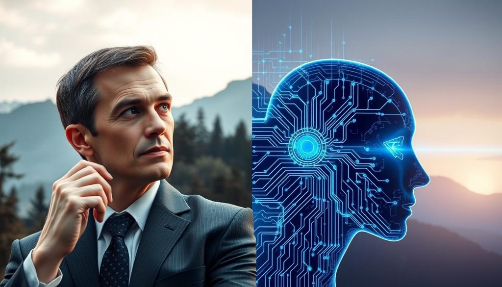 A split composition illustrating the contrast between human intuition and machine learning. In the foreground, depict a thoughtful business professional in formal attire, contemplating a complex decision, with a gentle, warm light illuminating their face. In the middle ground, show a sophisticated AI algorithm visualized as intricate circuitry and glowing data streams, emanating a cool blue radiance, symbolizing logical processing. In the background, blend organic elements like trees and mountains merging with digital motifs to represent the coexistence of nature and technology. Use soft, natural lighting for the human side and stark, futuristic lighting for the AI side, creating an atmosphere of contemplation and innovation, highlighting the dynamic interplay between human judgment and machine intelligence. A split composition illustrating the contrast between human intuition and machine learning. In the foreground, depict a thoughtful business professional in formal attire, contemplating a complex decision, with a gentle, warm light illuminating their face. In the middle ground, show a sophisticated AI algorithm visualized as intricate circuitry and glowing data streams, emanating a cool blue radiance, symbolizing logical processing. In the background, blend organic elements like trees and mountains merging with digital motifs to represent the coexistence of nature and technology. Use soft, natural lighting for the human side and stark, futuristic lighting for the AI side, creating an atmosphere of contemplation and innovation, highlighting the dynamic interplay between human judgment and machine intelligence.