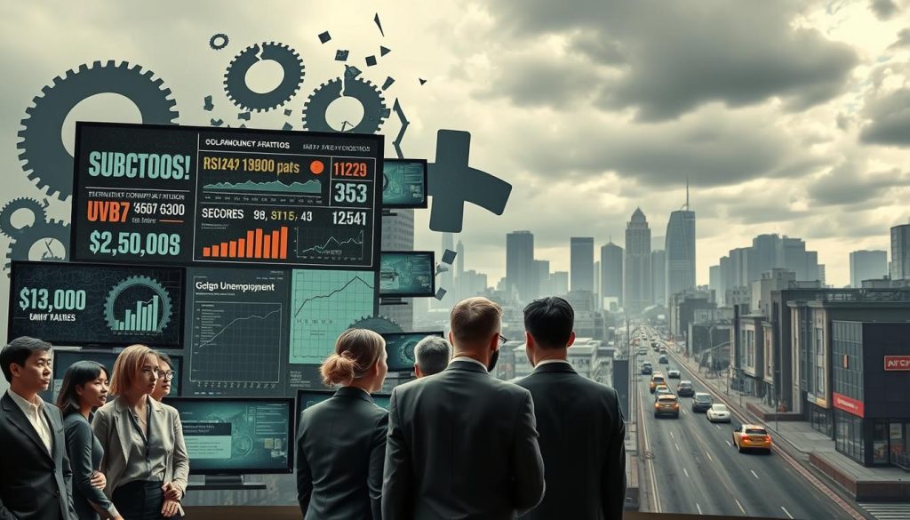 A striking visual illustration of the Economic Consequences of AI Misuse, featuring a split scene. In the foreground, a group of diverse business professionals in formal attire look concerned as they examine a large, cracked currency symbol, representing financial instability. In the middle ground, digital screens display alarming statistics and graphs depicting rising unemployment and declining market values, surrounded by shattered gears and circuit boards, symbolizing malfunctioning AI systems. In the background, a chaotic city skyline shows closed businesses and empty streets under a gloomy sky, casting a somber mood. The lighting is dramatic with high contrast, emphasizing the tension in the scene, captured from a slightly elevated angle to provide depth and perspective. A striking visual illustration of the Economic Consequences of AI Misuse, featuring a split scene. In the foreground, a group of diverse business professionals in formal attire look concerned as they examine a large, cracked currency symbol, representing financial instability. In the middle ground, digital screens display alarming statistics and graphs depicting rising unemployment and declining market values, surrounded by shattered gears and circuit boards, symbolizing malfunctioning AI systems. In the background, a chaotic city skyline shows closed businesses and empty streets under a gloomy sky, casting a somber mood. The lighting is dramatic with high contrast, emphasizing the tension in the scene, captured from a slightly elevated angle to provide depth and perspective.