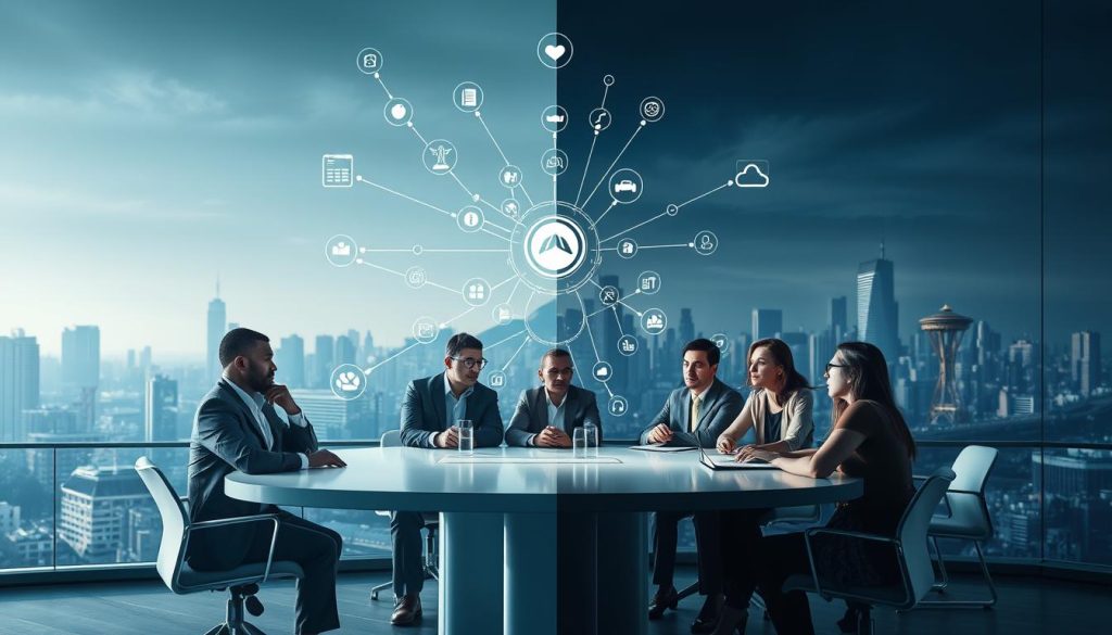 A striking visual representation of the impact of AI bias on societal structures, featuring a split scene. In the foreground, a diverse group of professionals in business attire – men and women of various ethnicities – engage in a thoughtful discussion around a modern conference table, with concerned expressions. In the middle ground, an abstract representation of a neural network, with connections symbolizing data flow, interspersed with icons representing various societal sectors like education, healthcare, and justice, all subtly shaded towards darker hues to signify bias. In the background, a city skyline under soft, dramatic lighting, with half illuminated to represent progress and half shrouded in shadow, conveying a sense of unease. The atmosphere is tense yet hopeful, capturing the duality of potential benefits and risks associated with AI bias.