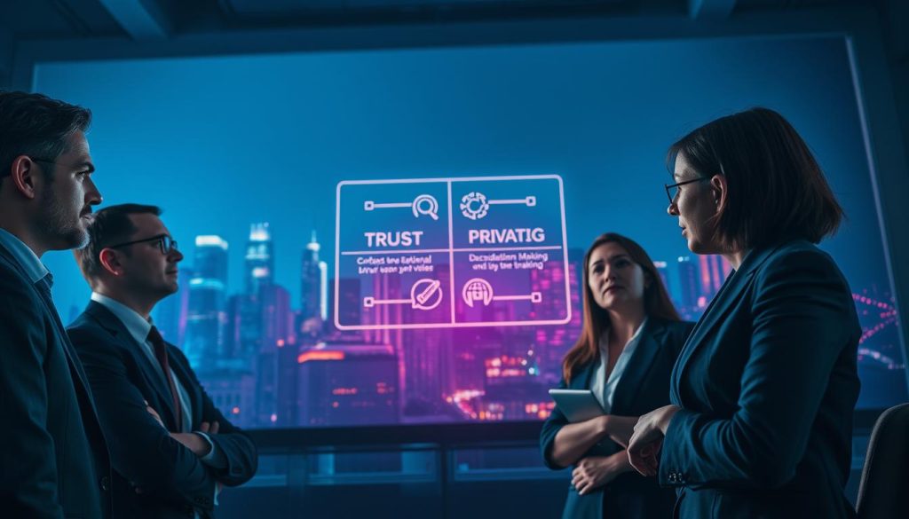 A thought-provoking scene depicting an abstract representation of "Ethical Dilemmas in AI" in a dimly lit, professional environment. In the foreground, a diverse group of business professionals in formal attire—two men and two women—engaged in a heated discussion, their expressions a mix of concern and contemplation. In the middle, a large, holographic display projects conflicting ethical scenarios related to AI, with icons symbolizing trust, privacy, and decision-making. In the background, a futuristic skyline illuminated by soft neon lights, casting a blue and purple hue, suggesting innovation yet hinting at uncertainty. The atmosphere is charged with tension, creating a sense of urgency to understand and navigate the complexities of encoding values in artificial intelligence, shot from a low angle to emphasize the gravity of the discussion.