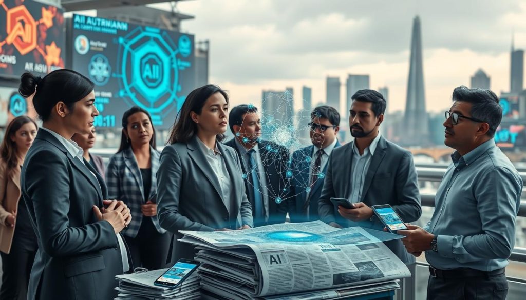 A thought-provoking scene depicting the public perception of AI control. In the foreground, a diverse group of professionals, including a woman in a business suit and a man in smart casual attire, engage in a serious discussion around a holographic display of complex AI algorithms and neural networks. In the middle ground, various AI-related media, such as newspapers and smartphones with social media feeds, showcase mixed reactions—some praising AI, others expressing concern. The background features a modern city skyline with digital billboards displaying AI imagery, creating a contrast between technological advancement and public skepticism. Use soft, diffused lighting to generate a reflective mood, focusing on expressions of curiosity and apprehension. The overall atmosphere should evoke a sense of contemplation about the future of AI governance. A thought-provoking scene depicting the public perception of AI control. In the foreground, a diverse group of professionals, including a woman in a business suit and a man in smart casual attire, engage in a serious discussion around a holographic display of complex AI algorithms and neural networks. In the middle ground, various AI-related media, such as newspapers and smartphones with social media feeds, showcase mixed reactions—some praising AI, others expressing concern. The background features a modern city skyline with digital billboards displaying AI imagery, creating a contrast between technological advancement and public skepticism. Use soft, diffused lighting to generate a reflective mood, focusing on expressions of curiosity and apprehension. The overall atmosphere should evoke a sense of contemplation about the future of AI governance.