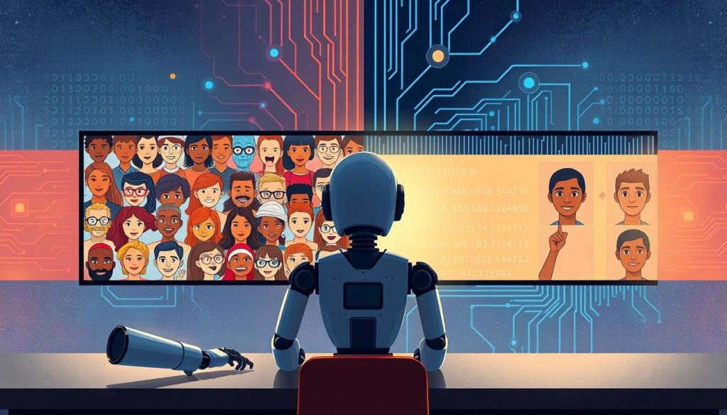 A thoughtful illustration depicting "The Impact of Human Bias on AI Values." In the foreground, a humanoid robot sits at a desk, meticulously analyzing a set of diverse human faces displayed on a digital screen, reflecting the spectrum of human emotions. In the middle ground, a split scene shows a bright, positive side with happy faces and a darker, negative side with frowns and confusion, symbolizing the duality of human feelings influencing AI. The background features abstract representations of circuitry and data streams, hinting at AI technology, with a warm glow illuminating the positive side and cooler shadows on the negative. The atmosphere is contemplative, inviting the viewer to ponder the ethical implications, with soft, diffused lighting to create a reflective mood.